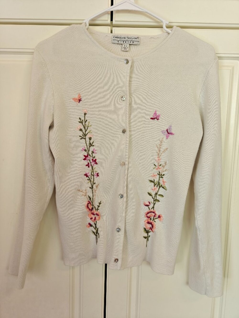 Carolyn Taylor Stretch Women's White Floral Cardigan, Size Small